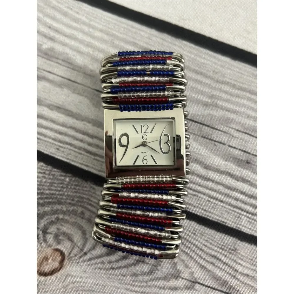 Charming Charlie Silver Tone Red White And Blue Band Women’s Quartz Watch
